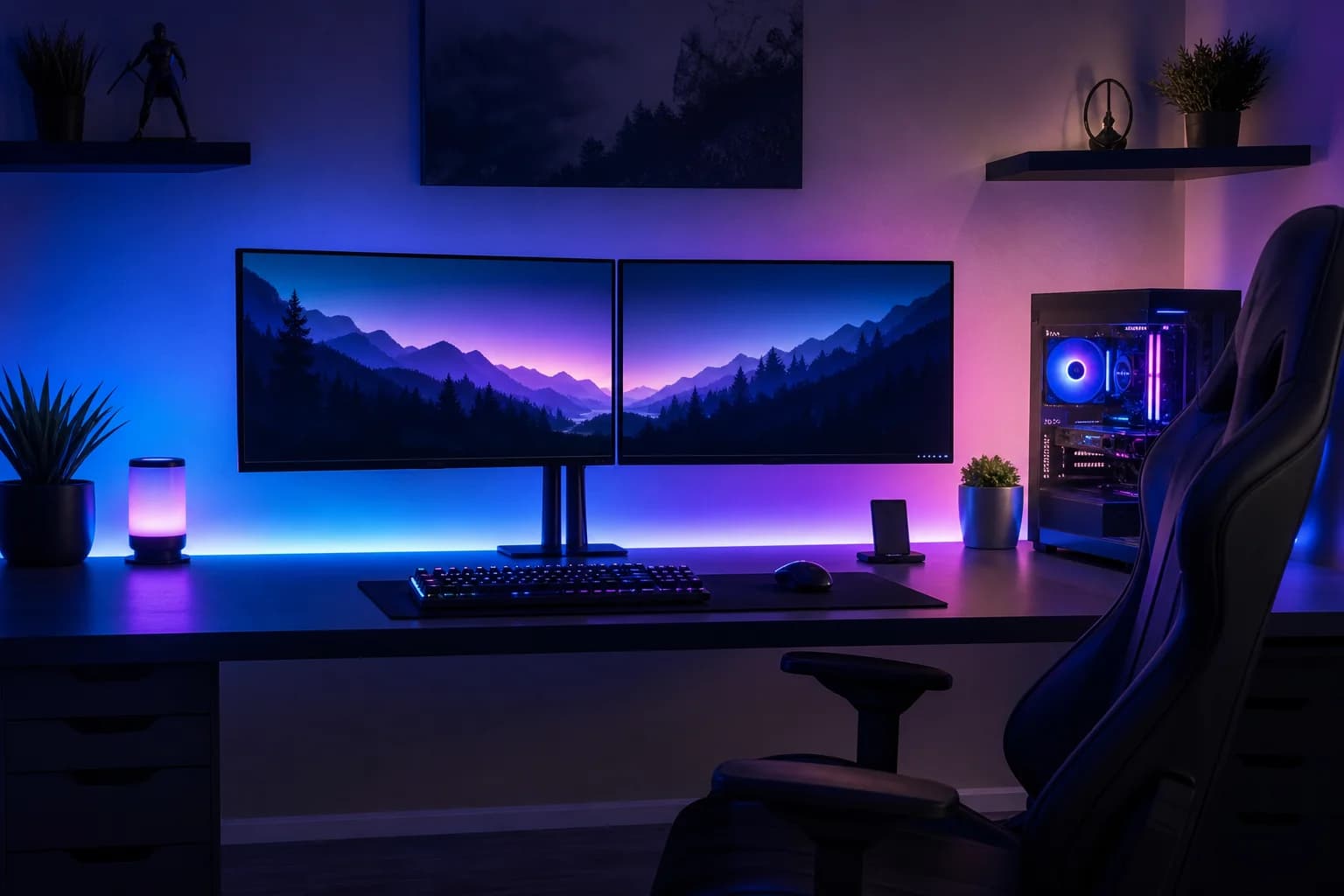 Gaming desk setup with LUMORA RGB lighting